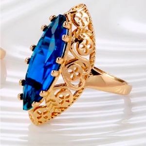 14K Rose Gold Blue Natural Zircon Diamond Bohemian Ethic Carved Bridal Ring NEW
